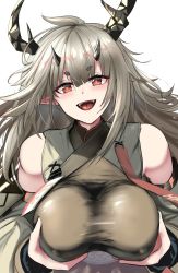 Rule 34 | 1girl, arknights, breast lift, breasts, female focus, grey hair, highres, horns, large breasts, long hair, looking at viewer, matoimaru (arknights), open mouth, pointy ears, red eyes, short eyebrows, simple background, smile, solo, take (trude1945oneetyan), upper body, white background