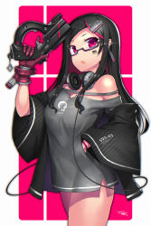 Rule 34 | 1girl, barcode, barcode tattoo, bare shoulders, black hair, bracelet, commentary request, cowboy shot, dress, earrings, gia, glasses, gun, hair ornament, hairclip, hand in pocket, headphones, headphones around neck, highres, holding, holding gun, holding weapon, jewelry, long hair, looking at viewer, mechanical hands, off shoulder, open mouth, original, semi-rimless eyewear, signature, single mechanical hand, solo, tattoo, two-tone background, weapon