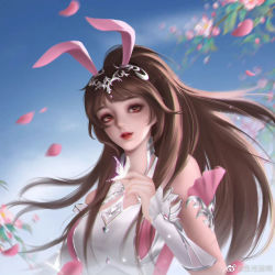 Rule 34 | 1girl, animal ears, blue sky, breasts, brown hair, bug, butterfly, cloud, collar, douluo dalu, dress, falling petals, from below, hair ornament, hand up, highres, insect, medium breasts, metal collar, parted lips, petals, pink dress, ponytail, rabbit ears, shi si jia a, sky, solo, sparkle, upper body, xiao wu (douluo dalu)
