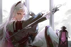 Rule 34 | 1girl, arknights, belt, black gloves, black jacket, brown eyes, closed mouth, earrings, glint, gloves, gun, head wings, highres, holding, holding sword, holding weapon, irene (arknights), jacket, jewelry, knees up, lantern, long hair, looking at viewer, medium skirt, outstretched arm, pantyhose, scar, scar across eye, scar on face, shiyuhuahuahuahuabushiyuhuabibibi, silver hair, sitting, skirt, solo, sword, very long hair, weapon, white pantyhose, white skirt, wings