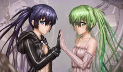 Rule 34 | 10s, 2girls, aki99, aqua eyes, black hair, black rock shooter, black rock shooter (character), chain, elbow gloves, gloves, green eyes, green hair, hatsune miku, highres, holding hands, long hair, looking at viewer, multiple girls, revision, stitches, symmetry, twintails, vocaloid