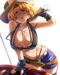 Rule 34 | 1girl, american flag bikini, bad id, bad pixiv id, belt, bikini, black gloves, black thighhighs, blonde hair, blue eyes, blush, breasts, buckle, cleavage, cowboy western, d:, fingerless gloves, flag print, gloves, hat, highres, jewelry, large breasts, looking at viewer, magukappu, open mouth, original, pendant, short hair, shorts, simple background, solo, swimsuit, thighhighs, white background, wrench