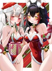 Rule 34 | 2girls, animal ears, bare shoulders, black hair, blush, breasts, covered navel, detached collar, extra ears, fur-trimmed leotard, fur trim, grey hair, hat, highleg, highleg leotard, highres, hololive, horns, leotard, long hair, looking at viewer, medium breasts, multicolored hair, multiple girls, nakiri ayame, ohagetty, ookami mio, red eyes, red hair, red leotard, santa hat, skin-covered horns, small breasts, smile, streaked hair, twintails, two-tone hair, virtual youtuber, wolf ears, yellow eyes