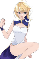 Rule 34 | 1girl, :o, ahoge, alternate costume, artoria pendragon (all), artoria pendragon (fate), bare arms, bare legs, blonde hair, blue bow, bow, china dress, chinese clothes, cleavage cutout, clothing cutout, dress, fate/stay night, fate (series), floating hair, green eyes, hair between eyes, hair bow, looking at viewer, maru (pixiv51714255), no panties, open mouth, saber (fate), short hair, side slit, sidelocks, simple background, sleeveless, sleeveless dress, solo, white background