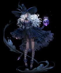 Rule 34 | 1girl, black background, black dress, breasts, character name, cleavage, commentary, dark background, dress, english commentary, english text, engrish commentary, floating, frilled dress, frills, full body, hat, highres, holding, holding staff, kneehighs, long sleeves, medium breasts, original, purple eyes, skull, socks, solo, staff, torn clothes, wide sleeves, wind, witch hat, yeonjun park