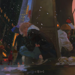 Rule 34 | blonde hair, blue eyes, city, dog, emg (christain), from side, hand on own face, hood, hoodie, jacket, looking away, male focus, original, pants, parted lips, shoes, sketch, sneakers, snowing, solo focus, squatting