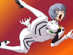 Rule 34 | 1girl, ahegao, anatomical nonsense, ass, ayanami rei, bad anatomy, blue hair, bodysuit, boneitis, bracer, breasts, cameltoe, contortion, covered erect nipples, epilepsy warning, fey, flexible, full body, gloves, gradient background, hair between eyes, hair ornament, heart attack, interface headset, leg up, looking up, lying, medium breasts, neon genesis evangelion, open mouth, pale skin, pilot suit, plugsuit, raised eyebrows, red eyes, short hair, solo, spread legs, tongue, tongue out, turtleneck, twisted torso, what