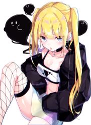 Rule 34 | 1girl, :o, ass, bad id, bad pixiv id, black choker, black jacket, blonde hair, blue eyes, blush, breasts, choker, cleavage, collarbone, commentary request, crop top, cross, cross choker, fishnet thighhighs, fishnets, goroo (eneosu), highres, hood, hood down, hooded jacket, jacket, knee up, latin cross, long hair, looking at viewer, medium breasts, midriff, off shoulder, open clothes, open jacket, original, parted lips, sitting, skirt, solo, thighhighs, twintails, very long hair, white background