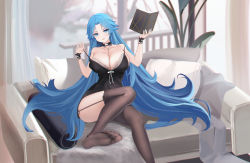 Rule 34 | 1girl, 24kchunshuai, azur lane, babydoll, black babydoll, blue eyes, blue hair, book, breasts, brown thighhighs, cleavage, couch, feet, garter straps, highres, holding, holding book, indoors, large breasts, long hair, nail polish, no shoes, official alternate costume, on couch, pillow, pulled by self, sleepwear, soles, solo, sovetskaya belorussiya (azur lane), sovetskaya belorussiya (relaxation stratagem) (azur lane), strap pull, thighhighs, toes, very long hair