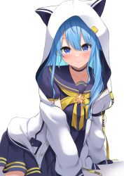Rule 34 | 1girl, animal hood, belt, black sailor collar, black shirt, blue eyes, blue hair, cat hood, choker, collarbone, commentary request, highres, hololive, hood, hood up, hooded jacket, hoshimachi suisei, hoshimachi suisei (school uniform), jacket, long hair, looking at viewer, neckerchief, open clothes, open jacket, pocket, sailor collar, shirayuiii, shirt, skirt, solo, star (symbol), star in eye, symbol in eye, virtual youtuber, white jacket, yellow neckerchief