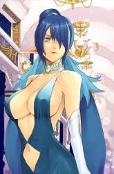 Rule 34 | 00s, 1girl, argyle, argyle clothes, argyle cutout, blue hair, breasts, center opening, choker, cleavage, clothing cutout, dress, elbow gloves, evening gown, glasses, gloves, judith (tales), large breasts, natsuhiko, navel, official alternate costume, pointy ears, purple eyes, sideboob, solo, tales of (series), tales of vesperia, underboob