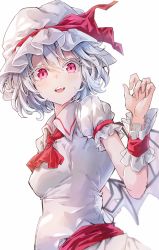 Rule 34 | 1girl, bat wings, blush, darjeeling (reley), grey hat, hair between eyes, hand up, hat, highres, looking at viewer, mob cap, open mouth, remilia scarlet, simple background, smile, solo, standing, touhou, white background, wings