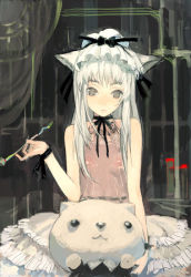 Rule 34 | animal ears, cat ears, flat chest, frills, grey eyes, holding, holding smoking pipe, humi, lingerie, negligee, original, ribbon, see-through, silver hair, skirt, smoking pipe, solo, stuffed animal, stuffed toy, teddy bear, toi8, underwear