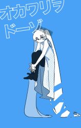 Rule 34 | 1girl, absurdly long hair, alternate costume, bare shoulders, blue background, bow, dress, expressionless, floating, full body, hair bow, halftone texture, hatsune miku, highres, hugging own legs, knees up, large bow, long dress, long hair, looking at viewer, monochrome, no mouth, no sclera, okawari o doozo (vocaloid), pantyhose, patterned clothing, sleeveless, sleeveless dress, solo, song name, teri (teruritto), translation request, very long hair, vocaloid