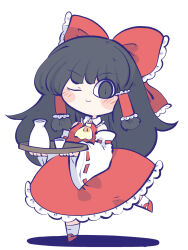 Rule 34 | 1girl, ascot, black eyes, black hair, blush, bottle, bow, chahan (fried rice0614), chibi, choko (cup), collared shirt, cup, detached sleeves, frilled bow, frilled hair tubes, frilled shirt collar, frilled skirt, frills, full body, hair bow, hair tubes, hakama, hakama skirt, hakurei reimu, highres, holding, holding tray, japanese clothes, leg up, long hair, looking at viewer, mary janes, one eye closed, red bow, red footwear, red hakama, red shirt, red skirt, red vest, ribbon-trimmed sleeves, ribbon trim, sake bottle, shadow, shirt, shoes, sidelocks, simple background, skirt, skirt set, sleeveless, sleeveless shirt, smile, solo, standing, standing on one leg, touhou, tray, vest, white background, white sleeves, wide sleeves, yellow ascot