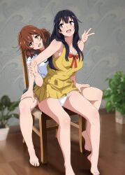 Rule 34 | 2girls, alternate costume, bare legs, barefoot, black hair, blurry, blurry background, bow, bowtie, breasts, brown hair, chair, collarbone, commentary, depth of field, dress, feet, green skirt, hands on another&#039;s thighs, hands up, head tilt, hibike! euphonium, highres, indoors, kousaka reina, legs, long hair, looking at viewer, medium breasts, medium hair, multiple girls, nail polish, open mouth, oumae kumiko, panties, plant, pleated dress, potted plant, purple eyes, purple nails, red bow, red bowtie, sbel02, school uniform, shiny skin, shirt, short dress, sitting, skirt, sleeveless, sleeveless dress, symbol-only commentary, thighs, toenail polish, toenails, toes, underwear, w, white panties, white shirt, yellow dress