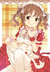 Rule 34 | 1girl, :q, amidada, apple, apron, bad id, bad pixiv id, blush, border, bow, bracelet, breasts, brown hair, buttons, cleavage, closed mouth, clothes lift, convenient leg, detached collar, detached sleeves, dress, finger to mouth, food, frilled apron, frilled dress, frills, fruit, hair ornament, hair ribbon, hairclip, highres, idolmaster, idolmaster cinderella girls, idolmaster cinderella girls starlight stage, jewelry, leg lift, light brown hair, looking at viewer, maid, maid headdress, medium breasts, medium hair, name tag, neck ribbon, plaid, plaid background, plaid dress, puffy short sleeves, puffy sleeves, red bow, red dress, ribbon, short sleeves, sidelocks, sitting, skirt, skirt lift, smile, solo, thighhighs, tongue, tongue out, totoki airi, twintails, unmoving pattern, wavy hair, white apron, white background, white ribbon, white thighhighs, wristband, yellow eyes