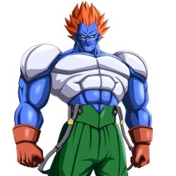 Rule 34 | 1boy, abs, android 13, android 13 (fused), bare shoulders, colored sclera, colored skin, dragon ball, gloves, green pants, highres, looking at viewer, male focus, multicolored skin, muscular, muscular arms, muscular legs, muscular male, no pupils, orange hair, ornament, pants, pectorals, resized, solo, suspenders, third-party edit, yellow sclera