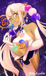 Rule 34 | 1girl, absurdres, breasts, dark-skinned female, dark skin, earth (planet), eating, elbow gloves, food, gloves, hair ornament, highres, hololive, hololive english, large breasts, long hair, null suke, planet, planet hair ornament, space, star (sky), takoyaki, tsukumo sana, tsukumo sana (1st costume), twintails, twitter username, virtual youtuber