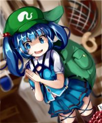 Rule 34 | 1860 (ichi), 1girl, adapted costume, backpack, bag, beaker, blue eyes, blue hair, blue shirt, blunt bangs, blurry, blurry background, boots, brown footwear, commentary request, cowboy shot, desk, dutch angle, green bag, green hat, hair bobbles, hair ornament, hands up, hat, indoors, kawashiro nitori, long hair, looking to the side, nervous smile, open mouth, own hands together, pleated skirt, shirt, skirt, smile, solo, standing, thigh boots, thighhighs, touhou, two side up