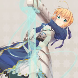 Rule 34 | 1girl, ahoge, armor, armored dress, artoria pendragon (all), artoria pendragon (fate), bad id, bad pixiv id, blonde hair, dress, excalibur (fate/stay night), fate/stay night, fate (series), gauntlets, green eyes, invisible air (fate), ogadenmon, panties, saber (fate), see-through, sword, underwear, weapon