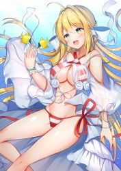 Rule 34 | (fate) (all), 1girl, :d, absurdres, animal, aozora nan, bikini, blonde hair, blush, bow, braid, breasts, cleavage, collarbone, commentary request, criss-cross halter, day, fate/grand order, fate (series), fingernails, fish, fish request, flower, green eyes, groin, hair between eyes, hair bow, halterneck, hand up, head tilt, highres, large breasts, long hair, looking at viewer, navel, nero claudius (fate), nero claudius (fate) (all), nero claudius (swimsuit caster) (fate), nero claudius (swimsuit caster) (third ascension) (fate), open mouth, outdoors, rose, round teeth, see-through, side-tie bikini bottom, smile, solo, striped bikini, striped clothes, swimsuit, teeth, underwear, upper teeth only, very long hair, water, white bow, white flower, white rose