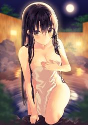 Rule 34 | 1girl, black hair, blue ribbon, blurry, blurry background, braid, breasts, brown eyes, closed mouth, collarbone, covering privates, full moon, hair between eyes, hair ribbon, holding, holding towel, large breasts, long hair, looking at viewer, moon, naked towel, night, nude cover, onsen, original, outdoors, ribbon, side braid, sidelocks, solo, steam, toujou mina, towel, very long hair, wet