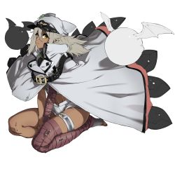 Rule 34 | 1girl, bandaged arm, bandaged leg, bandages, belt, black belt, cape, clover, crop top, dark-skinned female, dark skin, four-leaf clover, guilty gear, guilty gear strive, hair between eyes, hat, highres, looking to the side, lucifero (guilty gear), peaked cap, platinum blonde hair, ramlethal valentine, seiza, short shorts, shorts, sitting, thigh strap, thighs, white background, white hat, white shorts, yellow eyes, yoshimaro