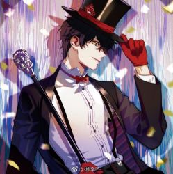 Rule 34 | 1boy, amamiya ren, black hair, blouse, bow, bowtie, calling card, cane, confetti, gloves, hand on headwear, hat, holding, holding cane, lion, looking at viewer, male focus, persona, persona 5, red bow, red bowtie, red gloves, shadow, shirt, smirk, solo, spotlight, suspenders, top hat, tuxedo, white shirt, yellow eyes