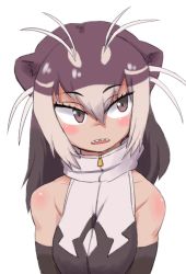 Rule 34 | 1girl, animal ears, black one-piece swimsuit, blush, brown gloves, brown hair, brown one-piece swimsuit, commentary, elbow gloves, fangs, giant otter (kemono friends), gloves, high collar, highres, kemono friends, long hair, makimaki ii, one-piece swimsuit, open mouth, otter ears, otter girl, purple eyes, sleeveless, solo, swimsuit, white hair, zipper