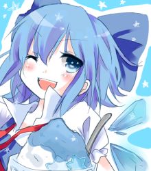 Rule 34 | 1girl, ;d, blue eyes, cirno, food, hair ribbon, ice, ice wings, mushi baibai, one eye closed, open mouth, ribbon, shaved ice, short hair, smile, solo, star-shaped pupils, star (symbol), symbol-shaped pupils, touhou, wings, wink