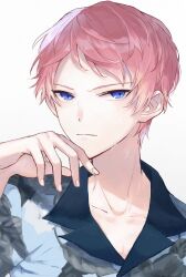 Rule 34 | 1boy, absurdres, blue eyes, closed mouth, commentary request, ensemble stars!, fingernails, floral print, hand up, highres, itsuki shu, male focus, partial commentary, pink hair, short bangs, short hair, simple background, solo, sweat, upper body, wednesday 108, white background