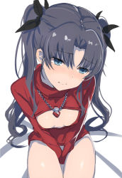 Rule 34 | 1girl, black hair, blush, cleavage cutout, clothing cutout, fate/stay night, fate (series), fenrirr, hair ribbon, highres, jewelry, looking away, meme attire, necklace, open-chest sweater, ribbon, sitting, solo, sweater, tohsaka rin, twintails, two side up, v arms