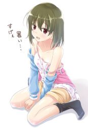 Rule 34 | 1girl, bare shoulders, between legs, black socks, blush, breasts, camisole, collarbone, dot nose, green hair, hand between legs, highres, idolmaster, idolmaster million live!, idolmaster million live! theater days, jacket, long sleeves, looking at viewer, multicolored clothes, multicolored jacket, nagayoshi subaru, off shoulder, open mouth, polka dot camisole, red eyes, short hair, shorts, simple background, sitting, skywaker, small breasts, socks, solo, strap slip, sweat, translated, two-tone jacket, wariza, white background, yellow shorts