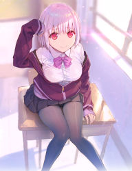 Rule 34 | 10s, 1girl, absurdres, arm support, arm up, black skirt, blurry, blurry background, bow, breasts, brown pantyhose, chair, closed mouth, collared shirt, commentary request, depth of field, desk, dress shirt, fingernails, gridman universe, hair between eyes, highres, indoors, jacket, knees together feet apart, large breasts, long sleeves, looking at viewer, off shoulder, on desk, pantyhose, pink hair, pleated skirt, purple bow, purple jacket, red eyes, school chair, school desk, shinjou akane, shirt, sitting, on desk, skirt, sleeves past wrists, smile, solo, ssss.gridman, uni (plastic girl), white shirt, window