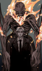 Rule 34 | 1boy, beard, black coat, black necktie, burning, chainsaw man, coat, collared shirt, facial hair, fire, formal, grey background, grey hair, hell devil (chainsaw man), highres, kishibe (chainsaw man), long coat, looking at viewer, nakano (2 mannaka), necktie, no eyes, old, old man, scar, scar on face, shirt, short hair, stitched face, stitches, stubble, suit, white shirt
