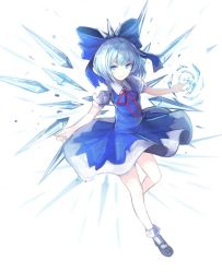 Rule 34 | 1girl, blue dress, blue eyes, blue hair, cirno, dress, full body, grin, hair ribbon, ice, ice wings, looking to the side, mary janes, matching hair/eyes, nakaichi (ridil), puffy sleeves, ribbon, shoes, short hair, short sleeves, simple background, smile, socks, solo, touhou, white background, white socks, wings