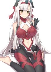 Rule 34 | 1girl, armor, bare shoulders, barefoot, belt, black gloves, blush, breasts, cleavage, cleavage cutout, closed mouth, clothing cutout, elfenlied22, fate/grand order, fate (series), gloves, highres, horns, kiichi hougen (fate), large breasts, long hair, looking at viewer, navel, navel cutout, pointy ears, red armor, sidelocks, sitting, smile, solo, tassel, thighs, very long hair, wariza, white hair, yellow eyes