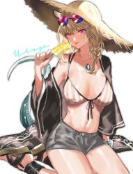 Rule 34 | 1girl, animal ears, aqua nails, arknights, bikini, bikini top only, blonde hair, braid, breasts, character name, eyewear on head, food, gu (gu da yo), hair ornament, hat, highres, holding, holding food, jewelry, large breasts, medium hair, nail polish, necklace, official alternate costume, pink eyes, popsicle, sandals, seiza, shorts, simple background, sitting, solo, striped bikini, striped clothes, sun hat, sunglasses, swimsuit, swimsuit cover-up, tail, tongue, tongue out, utage (arknights), utage (summer flowers) (arknights), vertical-striped bikini, vertical-striped clothes, white background, x hair ornament