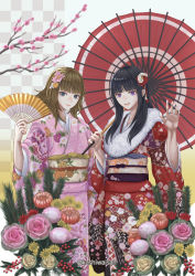 Rule 34 | 2girls, highres, japanese clothes, kimono, multiple girls, original, smile, umbrella