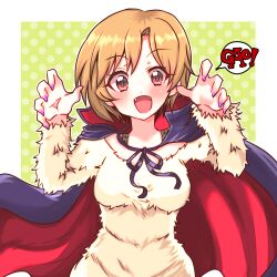 Rule 34 | 1girl, aiba yumi, blush, breasts, brown eyes, cain45, cape, claw pose, eyelashes, fangs, fingernails, fur shirt, gao, highres, idolmaster, idolmaster cinderella girls, long sleeves, medium breasts, nail polish, open mouth, red cape, short hair, solo, speech bubble, white background