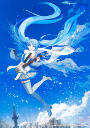 Rule 34 | 1girl, absurdres, aqua hair, arm tattoo, artist name, blue bow, blue bowtie, blue eyes, blue nails, blue sky, blush, boots, bow, bowtie, cloud, cloudy sky, commentary request, company name, crypton future media, detached sleeves, earmuffs, esp guitars, esp stream-miku-custom, floating hair, floating scarf, grey footwear, grey skirt, guitar, hatsune miku, highres, holding, holding instrument, instrument, ixima, long hair, looking at viewer, nail polish, official art, one eye closed, open mouth, outdoors, piapro, pleated skirt, scarf, skirt, sky, snowflake print, solo, tattoo, teeth, thigh boots, thighhighs, tower, traffic cone, tree, twintails, upper teeth only, very long hair, vocaloid, white scarf, yuki miku, yuki miku (2011), zettai ryouiki