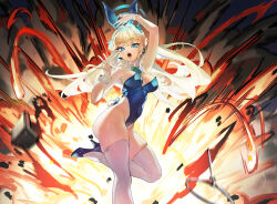Rule 34 | 1girl, absurdres, animal ears, aqua bow, aqua bowtie, backlighting, blonde hair, blue archive, blue eyes, blue hair, blue leotard, bow, bowtie, breasts, cleavage, commentary, detached collar, explosion, fake animal ears, fake tail, glowing, glowing halo, hair intakes, halo, headset, highres, large breasts, leotard, long hair, looking at viewer, miwerjooggetser, multicolored hair, open mouth, playboy bunny, rabbit ears, rabbit tail, skindentation, smile, solo, standing, standing on one leg, streaked hair, tail, thighhighs, toki (blue archive), toki (bunny) (blue archive), v, white thighhighs, wrist cuffs