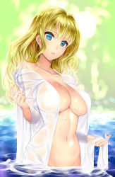 Rule 34 | 1girl, blonde hair, blue eyes, blush, breasts, cleavage, female focus, highres, large breasts, long hair, looking at viewer, navel, no bra, no panties, open clothes, original, parted lips, partially submerged, saburou (hgmg), see-through, solo, wading, water, wet