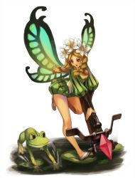 Rule 34 | 1girl, blonde hair, bodysuit, bow (weapon), braid, butterfly wings, crossbow, crystal, fairy, flats, flower, frog, hair flower, hair ornament, head wreath, highres, ingway (odin sphere), insect wings, leg lift, long hair, mercedes (odin sphere), mini person, minigirl, odin sphere, open mouth, puff and slash sleeves, puffy sleeves, red eyes, running, shoes, short shorts, shorts, takemiya 09, twin braids, twintails, weapon, wings