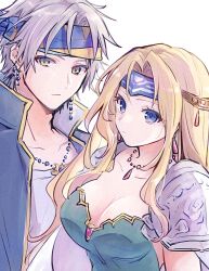 Rule 34 | 1boy, 1girl, armor, bead necklace, beads, black jacket, blonde hair, blue eyes, breasts, cape, celes chere, cleavage, closed mouth, collarbone, commentary request, final fantasy, final fantasy vi, green leotard, grey hair, hair ornament, headband, highres, jacket, jewelry, large breasts, leotard, locke cole, long hair, looking at viewer, necklace, open clothes, open jacket, pan ff6, parted bangs, popped collar, shirt, short hair, shoulder armor, sidelocks, teardrop earrings, upper body, white background, white shirt, yellow eyes