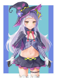 1girl, arms at sides, bangs, black capelet, black gloves, black headwear, black skirt, blunt bangs, border, bow, bowtie, breasts, capelet, cleavage, commentary request, cowboy shot, cropped shirt, gloves, grey shirt, hair ornament, hairband, half updo, hat, hexagram hair ornament, highres, hololive, long hair, long sleeves, looking at viewer, midriff, miniskirt, murasaki shion, navel, pink neckwear, pinstripe pattern, pinstripe shirt, purple capelet, purple shirt, shadow, shiny, shiny skin, shirt, short eyebrows, side bun, sidelocks, silver hair, skirt, small breasts, smile, solo, striped, striped shirt, thigh strap, thighhighs, tilted headwear, uiharu151, vertical-striped shirt, vertical stripes, virtual youtuber, white border, witch hat, yellow eyes