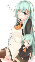 Rule 34 | ..., 10s, 2girls, apron, black eyes, blush, brown legwear, commentary request, closed eyes, finger to mouth, green hair, hair ornament, hairclip, highres, if they mated, kantai collection, long hair, mother and daughter, multiple girls, aged up, personification, saku (kudrove), suzuya (kancolle), tears, thighhighs, wink, aged down