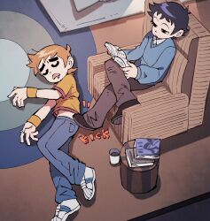 Rule 34 | 2boys, black hair, book, brown hair, chair, cup, fingernails, highres, holding, holding book, male focus, midriff peek, multiple boys, open mouth, pants, scott pilgrim, scott pilgrim (series), scott pilgrim takes off, shirt, shoes, short hair, sitting, sleeping, sneakers, tetsu (teppei), wallace wells, yellow wristband