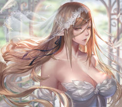 Rule 34 | 1girl, bare shoulders, blonde hair, blurry, breasts, bridal veil, bride, cleavage, depth of field, detached sleeves, dress, feathers, gtunver, hair ribbon, half-closed eyes, kiss-shot acerola-orion heart-under-blade, large breasts, long hair, monogatari (series), oshino shinobu, pointy ears, revision, ribbon, solo, veil, wedding dress, white feathers, yellow eyes